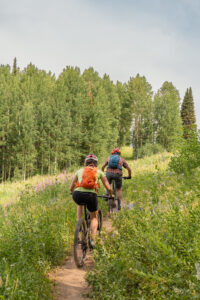 downhill mountain bikers on mountain bike trails at Grand Targhee Resort