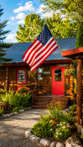 Cabin with beautiful mountain views, bright red door, in a small mountain town